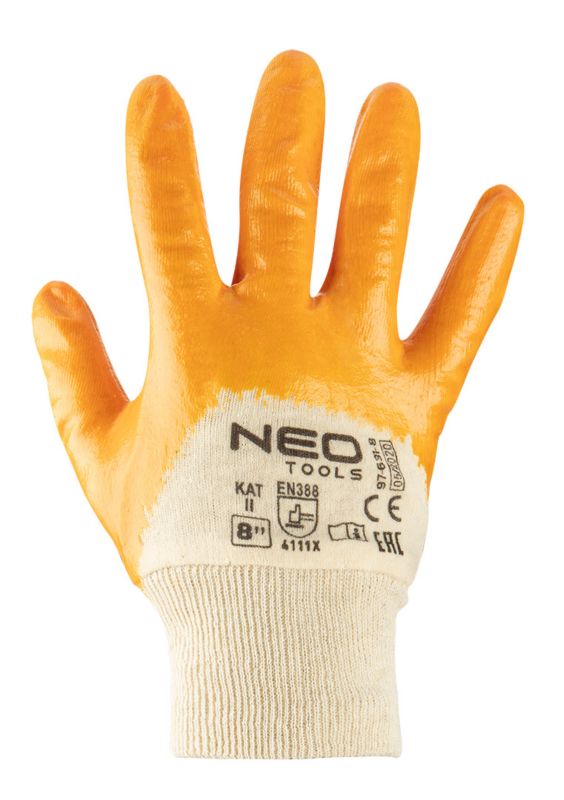 NEO TOOLS arbejdshandsker i bomuldsflannel med nitrilbelægning, str. 9, hvid-gule, 1 par