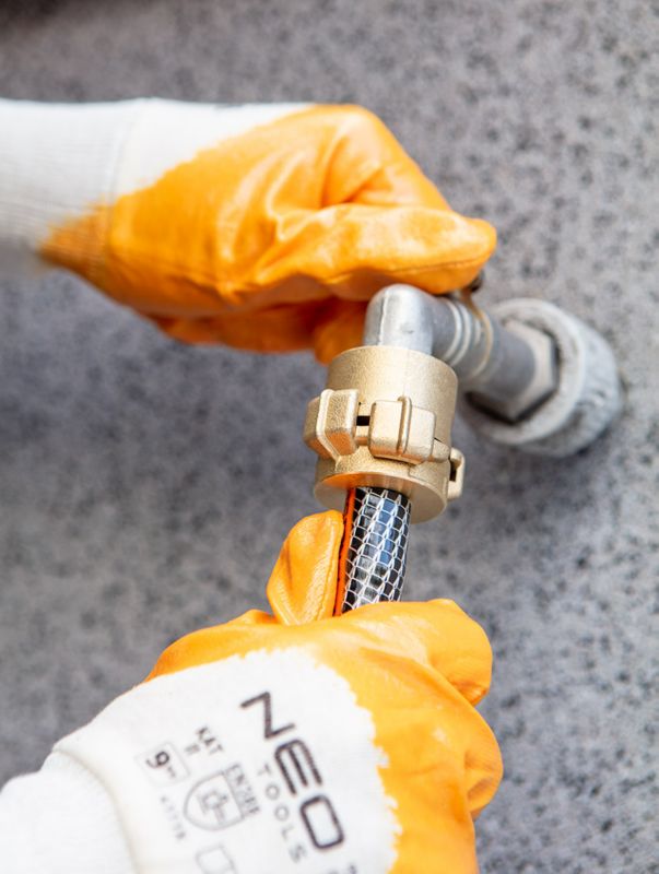 NEO TOOLS arbejdshandsker i bomuldsflannel med nitrilbelægning, str. 9, hvid-gule, 1 par
