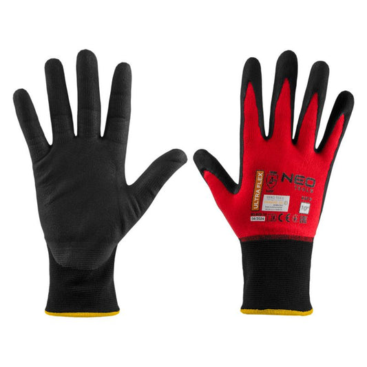 NEO TOOLS arbejdshandsker i nylon og spandex med polymer-nitril belægning, str. 10, sort-rød, 1 par