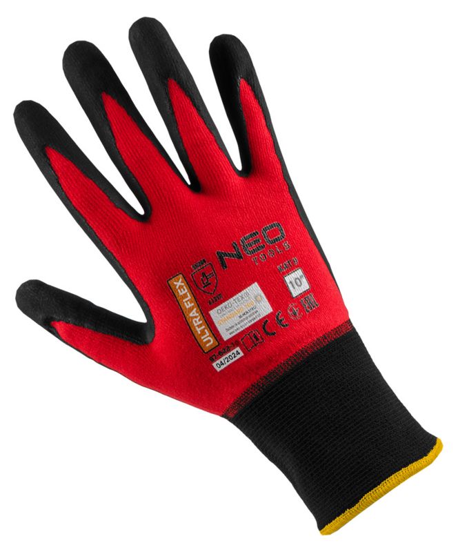NEO TOOLS arbejdshandsker i nylon og spandex med polymer-nitril belægning, str. 10, sort-rød, 1 par