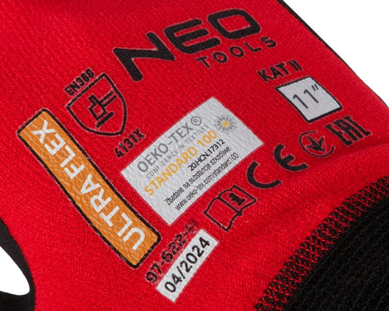 NEO TOOLS arbejdshandsker i nylon og spandex med polymer-nitril belægning str. 11 sort-rød 1 par