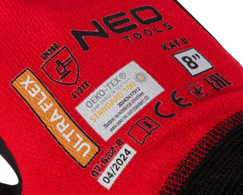 NEO TOOLS arbejdshandsker i nylon og spandex med polymer-nitril belægning, str. 8, sort-rød, 1 par