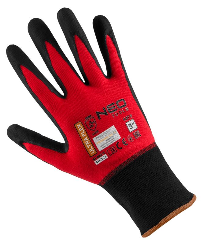 NEO TOOLS arbejds handsker i nylon og spandex med polymer-nitril belægning str. 9 sort-rød 1 par