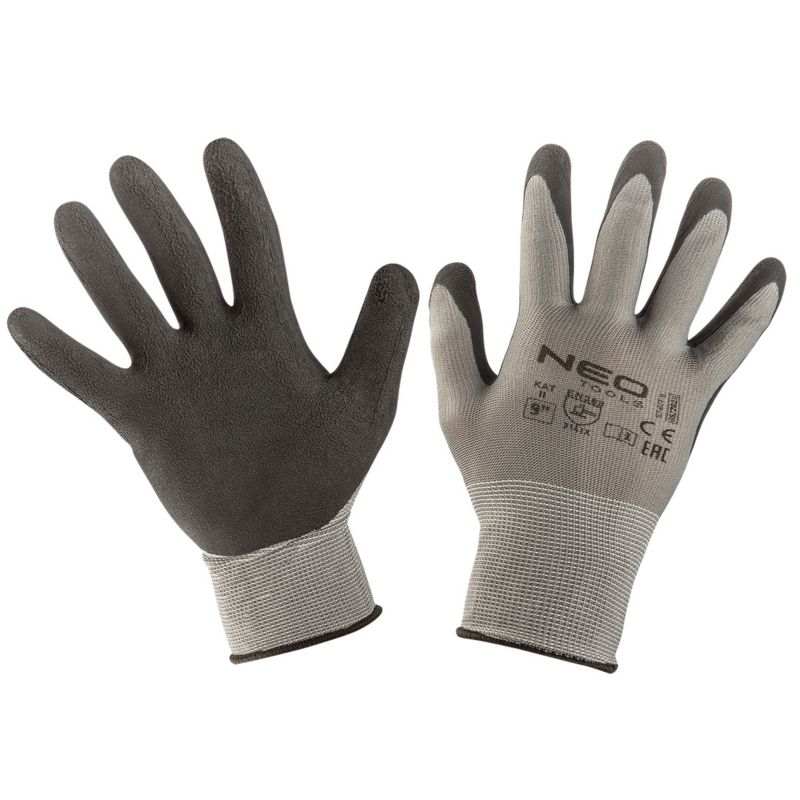 NEO TOOLS arbejdshandsker i nylon med latexbelægning, størrelse 9, grå, 1 par