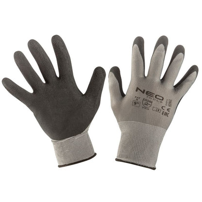 NEO TOOLS arbejdshandsker i nylon med latexbelægning, størrelse 9, grå, 1 par