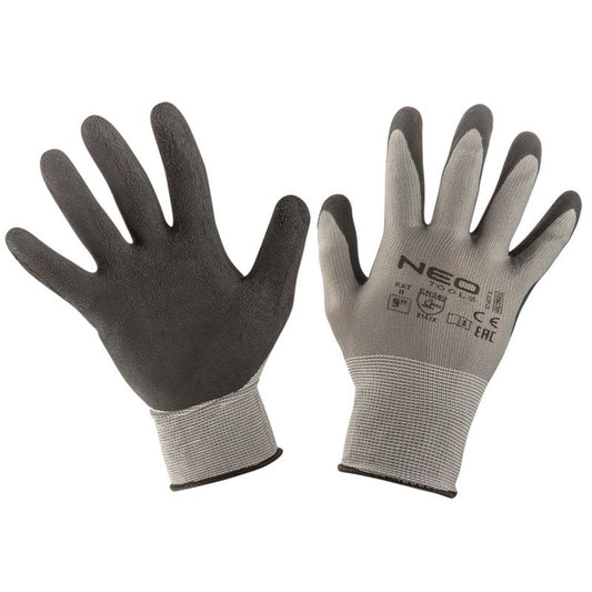 NEO TOOLS arbejdshandsker i nylon med latexbelægning, størrelse 9, grå, 1 par