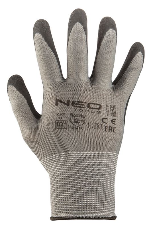 NEO TOOLS arbejdshandsker i nylon med latexbelægning, størrelse 9, grå, 1 par