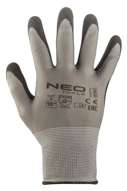 NEO TOOLS arbejdshandsker i nylon med latexbelægning, størrelse 9, grå, 1 par