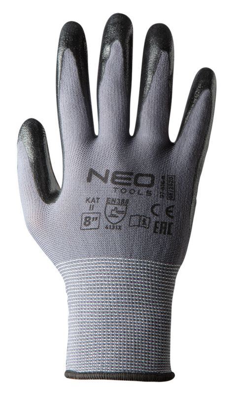 NEO TOOLS arbejdshandsker i nylon med nitrilbelægning, str. 10, grå, 1 par