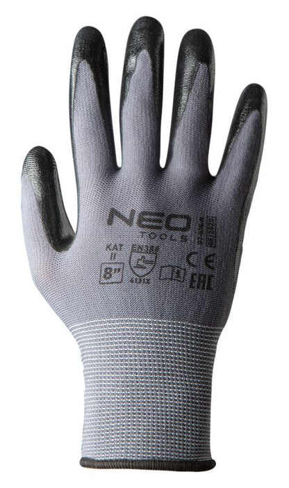 NEO TOOLS arbejdshandsker i nylon med nitrilbelægning, str. 10, grå, 1 par