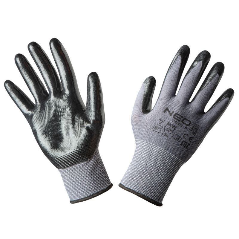 NEO TOOLS arbejdshandsker i nylon med nitrilbelægning, str. 9, grå, 1 par