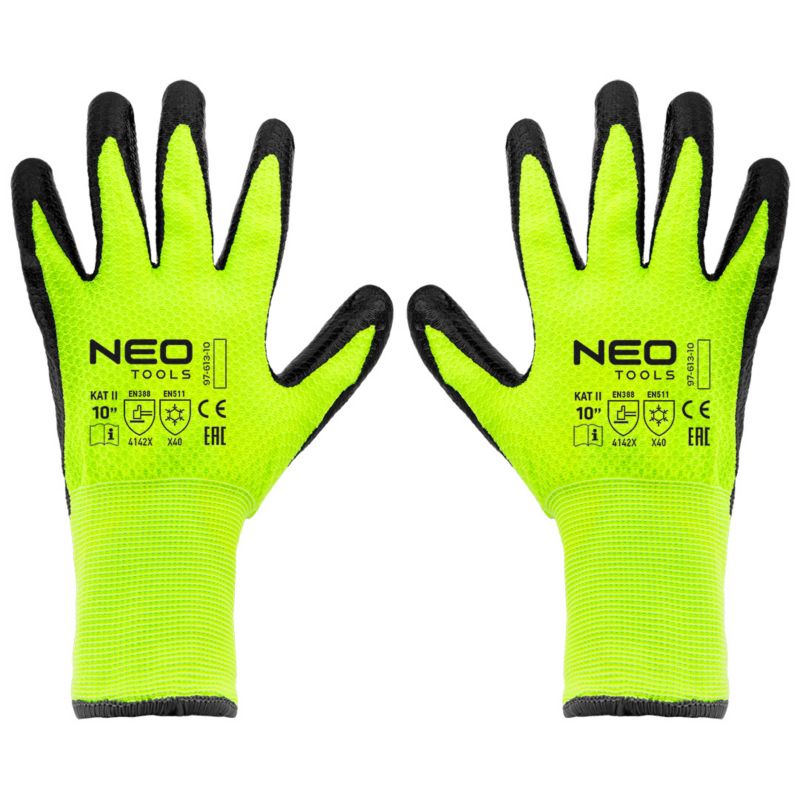 NEO TOOLS arbejds handsker i nylon med latexbelægning, str. 10, gul, 1 par