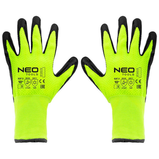NEO TOOLS arbejds handsker i nylon med latexbelægning, str. 10, gul, 1 par