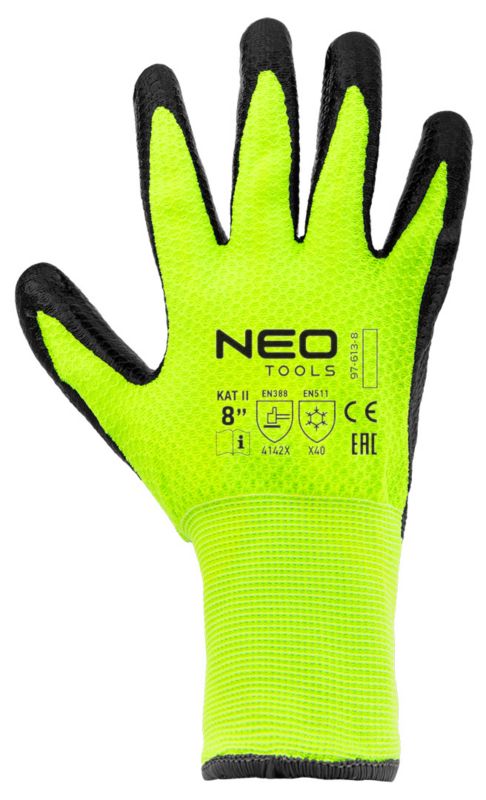 NEO TOOLS arbejds handsker i nylon med latexbelægning, str. 10, gul, 1 par