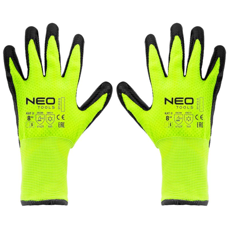 NEO TOOLS arbejdshandsker i nylon med latexbelægning, str. 8, gul, 1 par