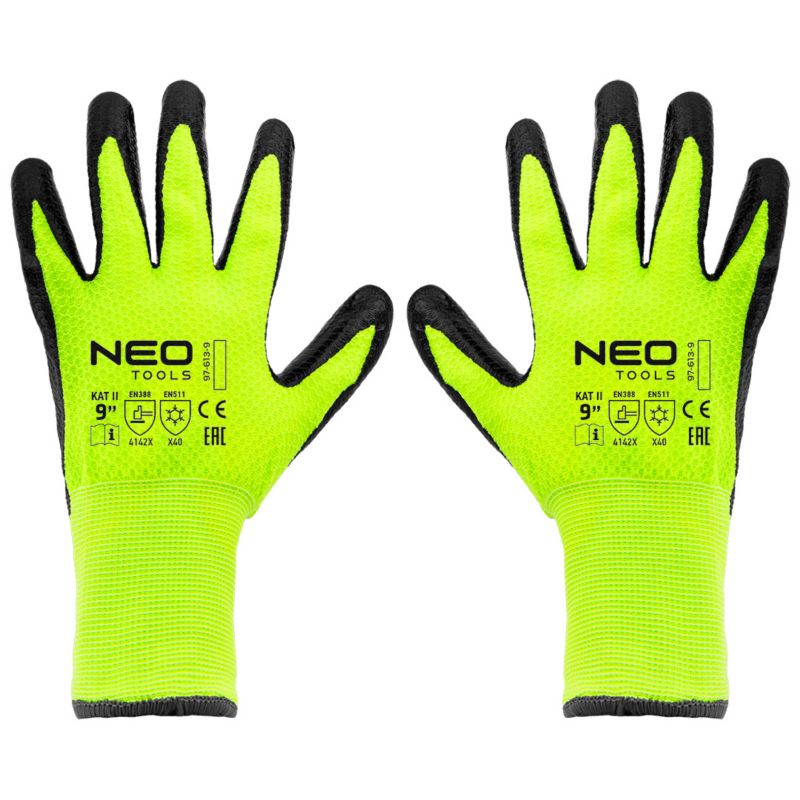 NEO TOOLS arbejds handsker i nylon med latexbelægning, str. 9, gul, 1 par