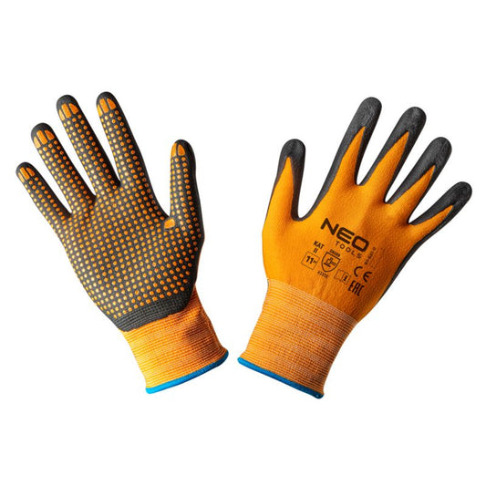 NEO TOOLS arbejdshandsker i nylon med nitrilprikker, str. 11, orange, 1 par