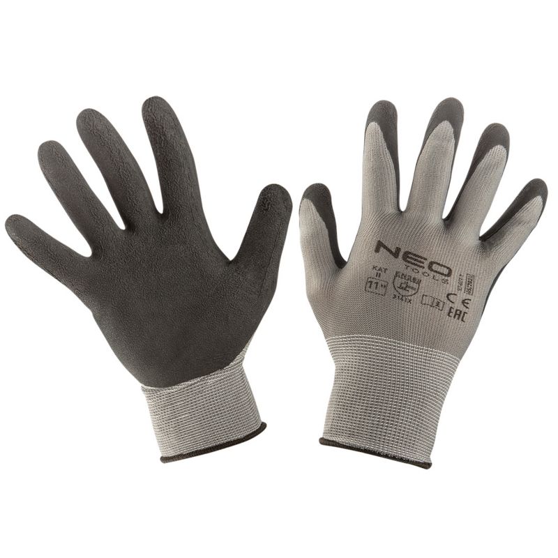 NEO TOOLS arbejdshandsker i polyester med latexfyld, str. 11, grå, 1 par