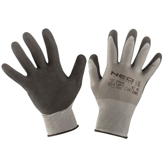 NEO TOOLS arbejdshandsker i polyester med latexfyld, str. 11, grå, 1 par