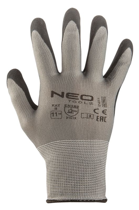 NEO TOOLS arbejdshandsker i polyester med latexfyld, str. 11, grå, 1 par