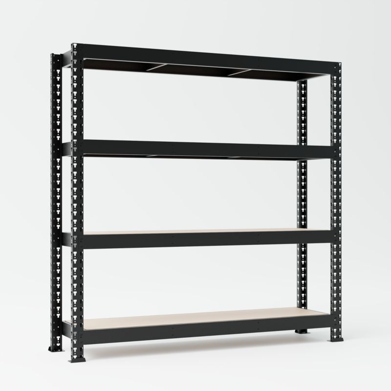 Metalkas Mega fritstående metalreol 180 x 180 x 60 cm med 4 hylder, sort