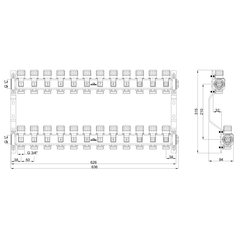 Varmefordelerrør 12 Kredse Rustfrit Stål | PM-07-012-Z