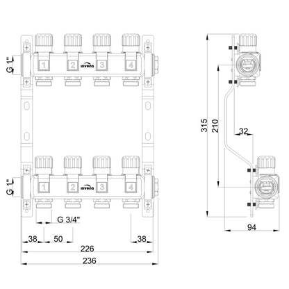 Radiatorfordeler 4 Kredse Rustfrit Stål PM-07-004-Z