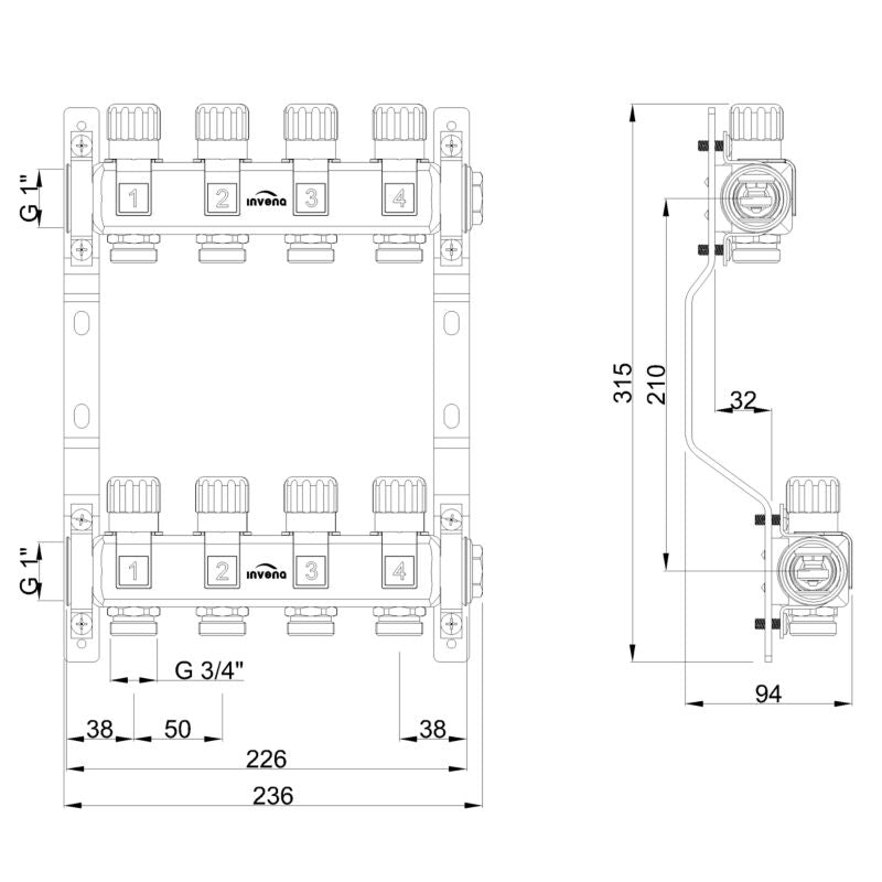 Radiatorfordeler 4 Kredse Rustfrit Stål PM-07-004-Z