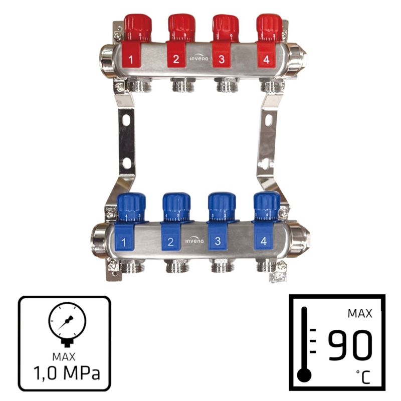 Radiatorfordeler 4 Kredse Rustfrit Stål PM-07-004-Z