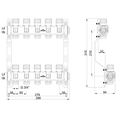 Radiatorfordeler 5 Kredse Rustfrit Stål PM-07-005-Z