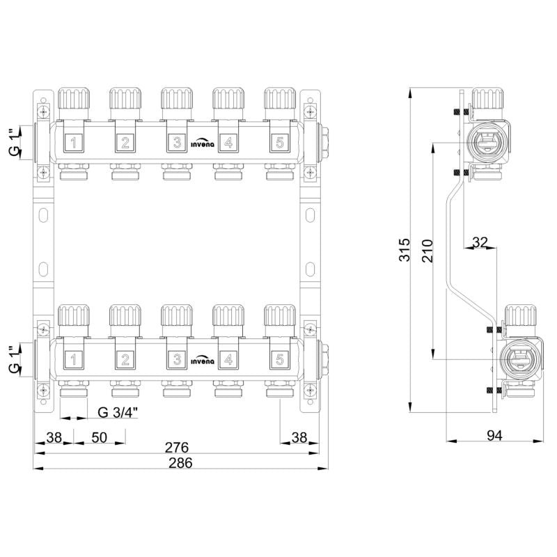 Radiatorfordeler 5 Kredse Rustfrit Stål PM-07-005-Z