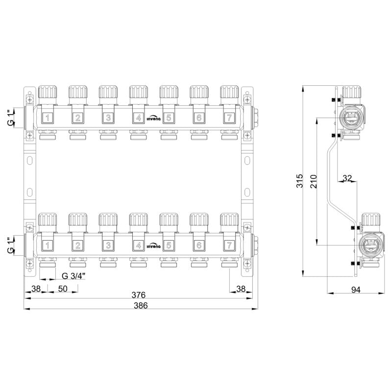 Radiatorfordeler 7 Kredse Rustfrit Stål PM-07-007-Z