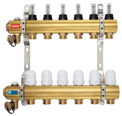 Gulvvarmefordeler 4 Kredse 1" med Flowmålere Messing