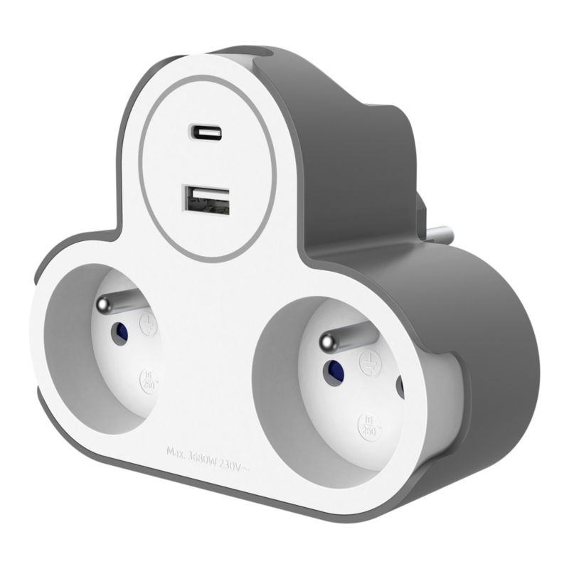 Jacobsen forgreningsstik med 2 jordede stik og USB-porte