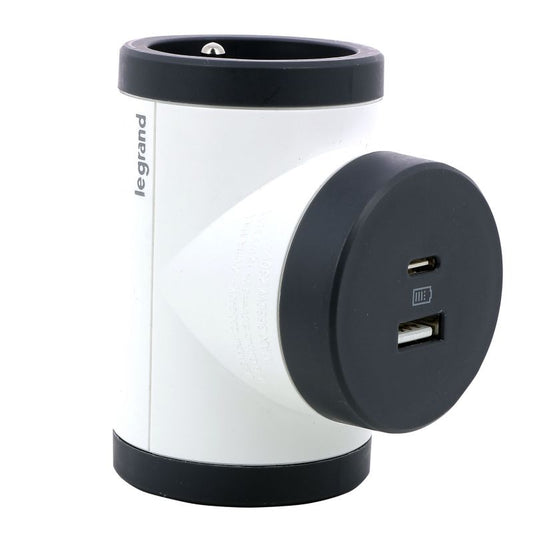 Legrand roterbar forgreningsstik med 2 jordede stik og USB AC, hvid/sort