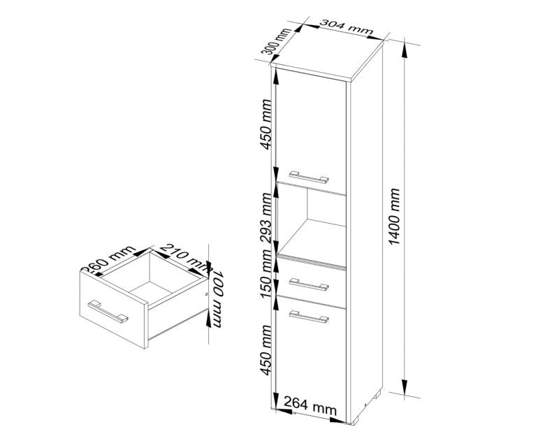 Akord Fin hvid badeværelsesskab 30 cm 2 døre 1 skuffe mat hvid farve 5 hylder 30x30x140 cm 1 stk.
