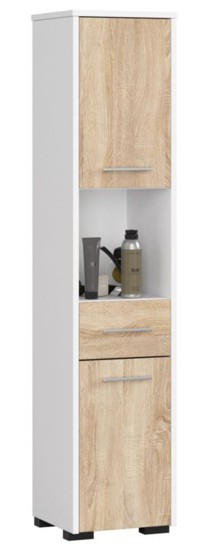Akord Fin hvid badeværelsesskab 30 cm 2 døre 1 skuffe farve Sonoma eg mat 5 hylder 30x30x140 cm 1 stk.