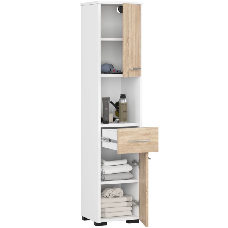 Akord Fin hvid badeværelsesskab 30 cm 2 døre 1 skuffe farve Sonoma eg mat 5 hylder 30x30x140 cm 1 stk.