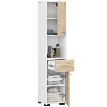 Akord Fin hvid badeværelsesskab 30 cm 2 døre 1 skuffe farve Sonoma eg mat 5 hylder 30x30x140 cm 1 stk.