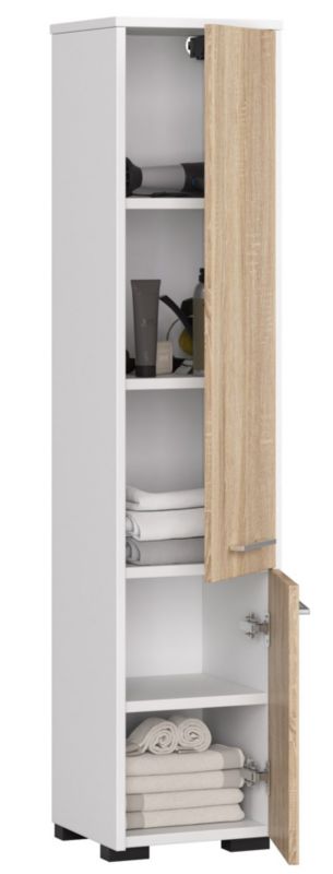 Akord Fin hvid badeværelsesskab 30 cm med 2 døre, mat sonoma eg, 5 hylder, 30x30x140 cm, 1 stk.