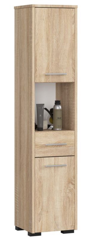 Akord Fin badeværelsesskab i Sonoma eg 30 cm med 2 låger og 1 skuffe, mat Sonoma eg, 5 hylder, 30x30x140 cm, 1 stk.