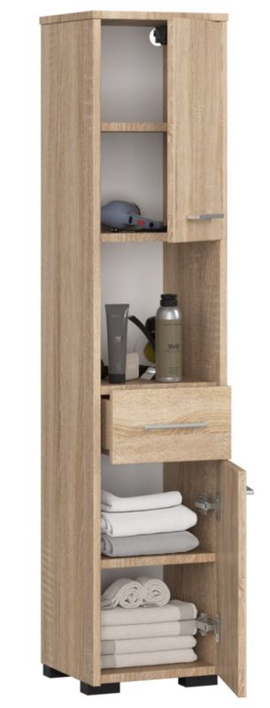 Akord Fin badeværelsesskab i Sonoma eg 30 cm med 2 låger og 1 skuffe, mat Sonoma eg, 5 hylder, 30x30x140 cm, 1 stk.