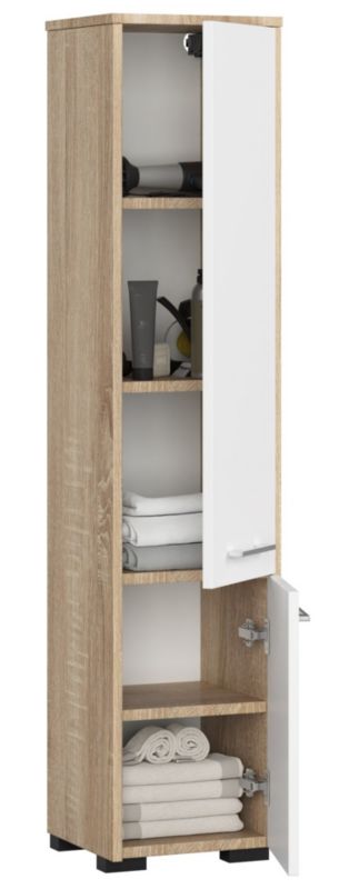 Akord Fin badeværelsesskab i Sonoma eg 30 cm, 2 låger, mat hvid, 5 hylder, 30x30x140 cm, 1 stk.