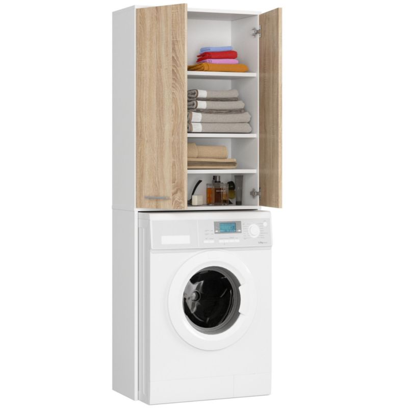 Akord Fin badeværelsesskab til vaskemaskineindbygning hvid 64 cm 2 døre Sonoma eg mat 4 hylder 64x30x180 cm 1 stk.