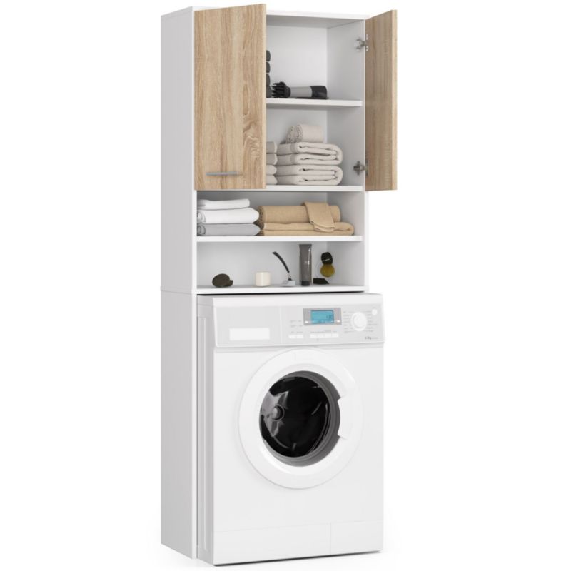 Akord Fin hvid vaskerimøbel til indbygning af vaskemaskine 64 cm niche 2 døre i mat Sonoma egetræ farve 4 hylder 64x30x180 cm 1 stk.