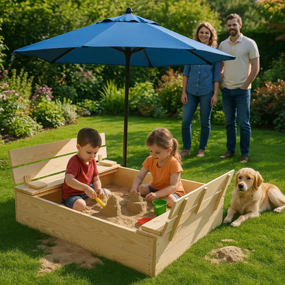 Sandkasse med Bænke og Låg 120x117 cm Natur Træ