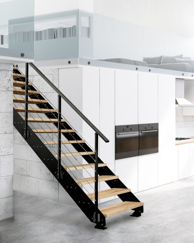 Ligeløbstrappe Loft 80 cm Egetræ Sort Stål | 5907710649367