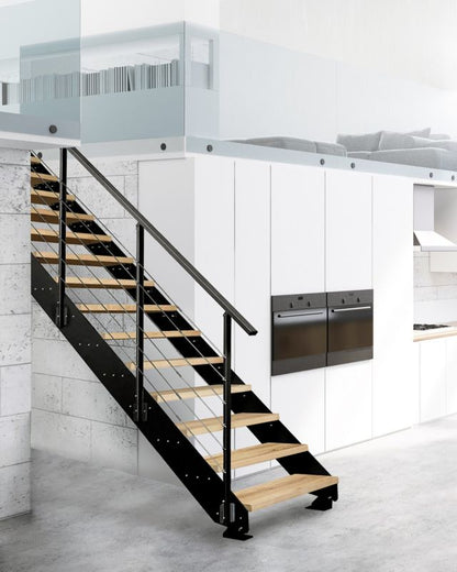 Ligeløbstrappe Loft 80 cm Egetræ Sort Stål | 5907710649367