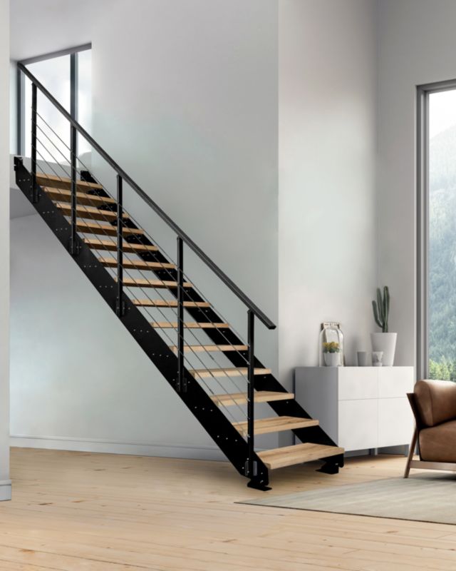 Ligeløbstrappe Loft 80 cm Egetræ Sort Stål | 5907710649367