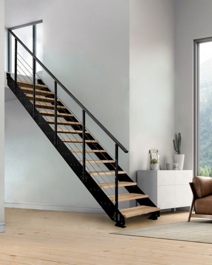 Ligeløbstrappe Loft 80 cm Egetræ Sort Stål | 5907710649367